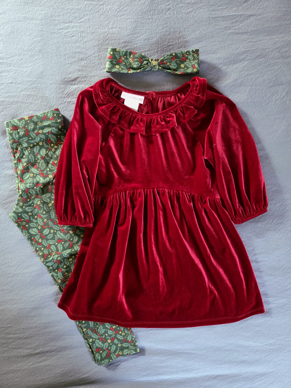 Bonnie Jean Red Velvet Dress with Green Holly Leggings & Bow Headband